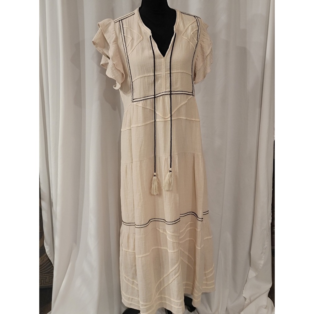 See And Be Seen Cream Embroidered‎ Tiered Maxi Dress Large Boho Tassel Ruffle L